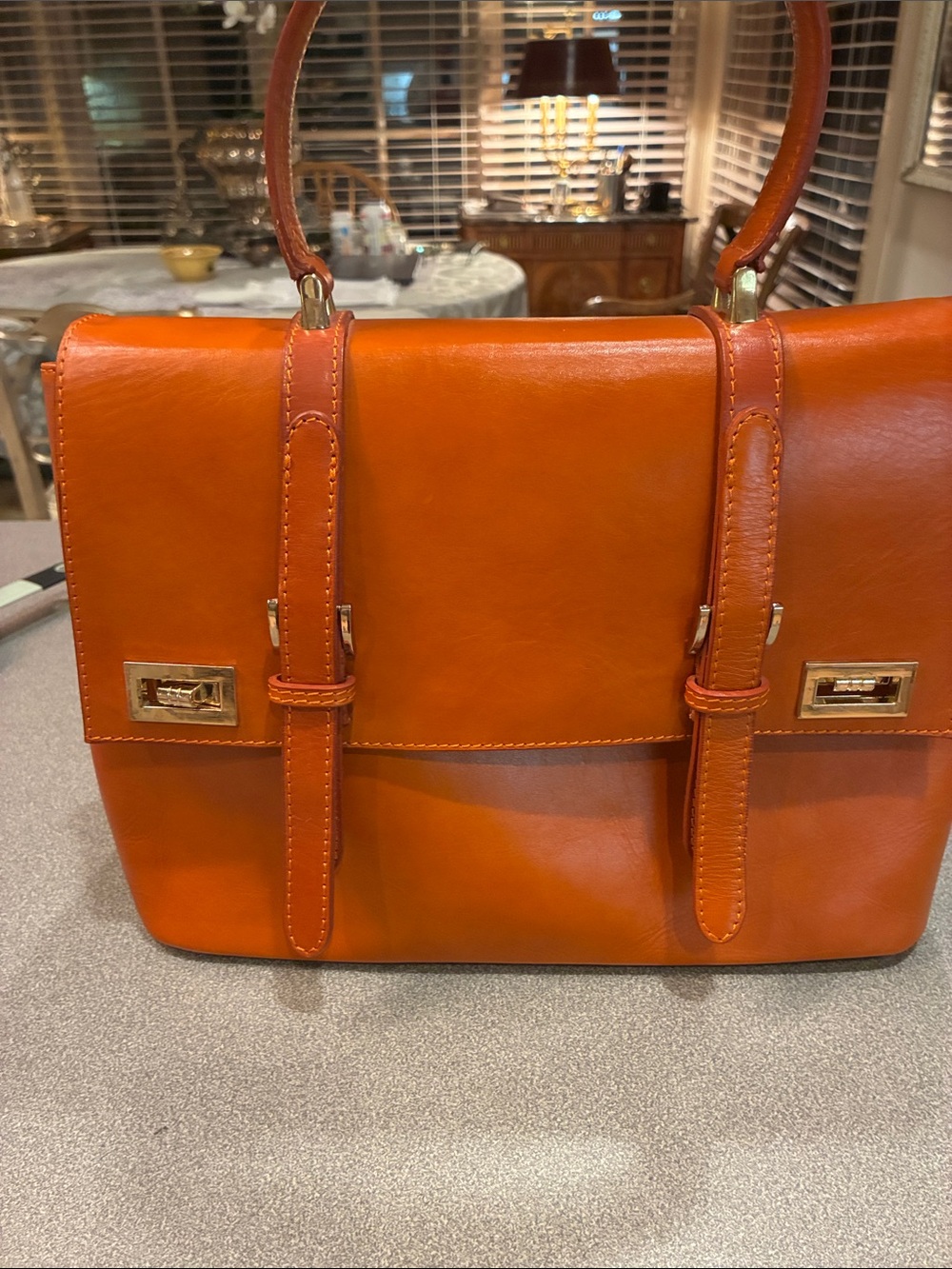 Classic Orange Leather Satchel with Top Handle